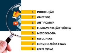 1. INTRODUÇÃO
2. OBJETIVOS
3. JUSTIFICATIVA
4. FUNDAMENTAÇÃO TEÓRICA
5. METODOLOGIA
6. RESULTADOS
7. CONSIDERAÇÕES FINAIS
8. REFERÊNCIAS
 