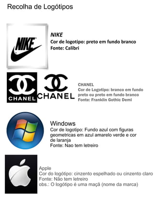 Recolha de Logótipos
CHANEL
Cor de Logotipo: branco em fundo
preto ou preto em fundo branco
Fonte: Franklin Gothic Demi
Apple
Cor do logótipo: cinzento espelhado ou cinzento claro
Fonte: Não tem letreiro
obs.: O logótipo é uma maçã (nome da marca)
NIKE
Cor de logotipo: preto em fundo branco
Fonte: Calibri
Windows
Cor de logotipo: Fundo azul com figuras
geometricas em azul amarelo verde e cor
de laranja
Fonte: Nao tem letreiro
 
