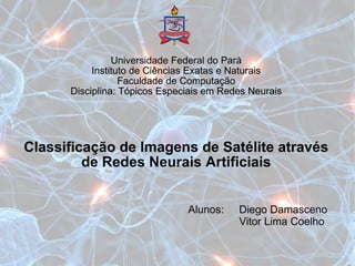 Classificação de Imagens de Satélite através de Redes Neurais Artificiais Universidade Federal do Pará Instituto de Ciências Exatas e Naturais Faculdade de Computação Disciplina: Tópicos Especiais em Redes Neurais Alunos: Diego Damasceno Vitor Lima Coelho 