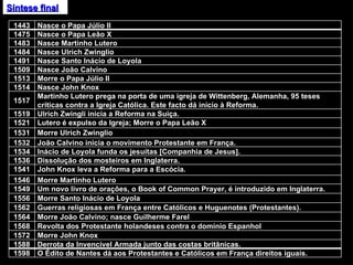 Síntese final 1443 Nasce o Papa Júlio II 1475 Nasce o Papa Leão X 1483 Nasce Martinho Lutero 1484 Nasce Ulrich Zwinglio 1491 Nasce Santo Inácio de Loyola 1509 Nasce João Calvino 1513 Morre o Papa Júlio II 1514 Nasce John Knox 1517 Martinho Lutero prega na porta de uma igreja de Wittenberg, Alemanha, 95 teses críticas contra a Igreja Católica. Este facto dá início à Reforma. 1519 Ulrich Zwingli inicia a Reforma na Suiça. 1521 Lutero é expulso da Igreja; Morre o Papa Leão X 1531 Morre Ulrich Zwinglio 1532 João Calvino inicia o movimento Protestante em França. 1534 Inácio de Loyola funda os jesuítas [Companhia de Jesus]. 1536 Dissolução dos mosteiros em Inglaterra. 1541 John Knox leva a Reforma para a Escócia. 1546 Morre Martinho Lutero 1549 Um novo livro de orações, o Book of Common Prayer, é introduzido em Inglaterra.  1556 Morre Santo Inácio de Loyola 1562 Guerras religiosas em França entre Católicos e Huguenotes (Protestantes). 1564 Morre João Calvino; nasce Guilherme Farel 1568 Revolta dos Protestante holandeses contra o domínio Espanhol 1572 Morre John Knox 1588 Derrota da Invencível Armada junto das costas britânicas. 1598 O Édito de Nantes dá aos Protestantes e Católicos em França direitos iguais. 