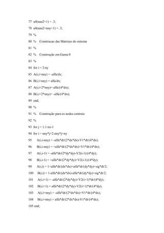 77 u0(nau2+1) = .3;
78 u0(nau2+nny+1) = .3;

79 %
80 %      Construcao das Matrizes do sistema
81 %
82 %      Construção em Gama 0
83 %
84 for i = 2:ny

85 A(i,i+nny) = -alfa/dx;
86 B(i,i+nny) = alfa/dx;
87 A(i,i+2*nny)= alfa/(4*dx);
88 B(i,i+2*nny)= -alfa/(4*dx);
89 end;
90 %
91 %      Construção para os nodos centrais

92 %
93 for j = 1:1:nx-1
94 for i = nny*j+2:nny*j+ny
95     A(i,i-nny) = -alfa*dt/(2*dx*dx)-V1*dt/(4*dx);
96     B(i,i-nny) = +alfa*dt/(2*dx*dx)+V1*dt/(4*dx);
97     A(i,i-1) = -alfa*dt/(2*dy*dy)-V2(i-1)/(4*dy);

98     B(i,i-1) = +alfa*dt/(2*dy*dy)+V2(i-1)/(4*dy);
99     A(i,i) = 1+alfa*dt/(dx*dx)+alfa*dt/(dy*dy)+sig*dt/2;
100    B(i,i) = 1-alfa*dt/(dx*dx)-alfa*dt/(dy*dy)+sig*dt/2;
101    A(i,i+1) = -alfa*dt/(2*dy*dy)+V2(i+1)*dt/(4*dy);
102    B(i,i+1) = alfa*dt/(2*dy*dy)-V2(i+1)*dt/(4*dy);
103    A(i,i+nny) = -alfa*dt/(2*dx*dx)+V1*dt/(4*dx);

104    B(i,i+nny) = alfa*dt/(2*dx*dx)-V1*dt/(4*dx);
105 end;
 