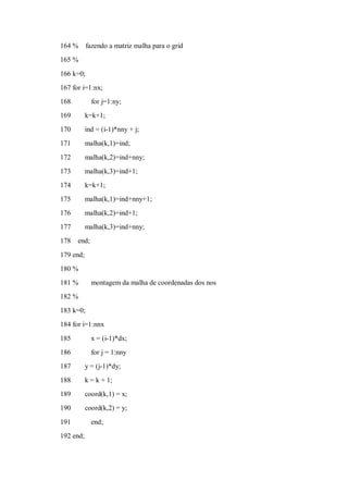164 %      fazendo a matriz malha para o grid
165 %

166 k=0;
167 for i=1:nx;
168          for j=1:ny;
169        k=k+1;
170        ind = (i-1)*nny + j;
171        malha(k,1)=ind;

172        malha(k,2)=ind+nny;
173        malha(k,3)=ind+1;
174        k=k+1;
175        malha(k,1)=ind+nny+1;
176        malha(k,2)=ind+1;
177        malha(k,3)=ind+nny;
178   end;

179 end;
180 %
181 %        montagem da malha de coordenadas dos nos
182 %
183 k=0;
184 for i=1:nnx

185          x = (i-1)*dx;
186          for j = 1:nny
187        y = (j-1)*dy;
188        k = k + 1;
189        coord(k,1) = x;
190        coord(k,2) = y;

191          end;
192 end;
 