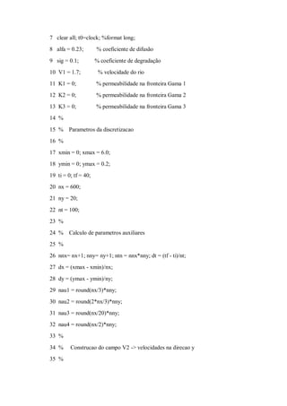 7 clear all; t0=clock; %format long;
8 alfa = 0.23;        % coeficiente de difusão

9 sig = 0.1;          % coeficiente de degradação
10 V1 = 1.7;           % velocidade do rio
11 K1 = 0;            % permeabilidade na fronteira Gama 1
12 K2 = 0;            % permeabilidade na fronteira Gama 2
13 K3 = 0;            % permeabilidade na fronteira Gama 3
14 %

15 % Parametros da discretizacao
16 %
17 xmin = 0; xmax = 6.0;
18 ymin = 0; ymax = 0.2;
19 ti = 0; tf = 40;
20 nx = 600;
21 ny = 20;

22 nt = 100;
23 %
24 %    Calculo de parametros auxiliares
25 %
26 nnx= nx+1; nny= ny+1; ntn = nnx*nny; dt = (tf - ti)/nt;
27 dx = (xmax - xmin)/nx;

28 dy = (ymax - ymin)/ny;
29 nau1 = round(nx/3)*nny;
30 nau2 = round(2*nx/3)*nny;
31 nau3 = round(nx/20)*nny;
32 nau4 = round(nx/2)*nny;
33 %

34 %     Construcao do campo V2 -> velocidades na direcao y
35 %
 
