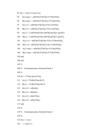 94 for i = nny*j+2:nny*j+ny
95    A(i,i-nny) = -alfa*dt/(2*dx*dx)-V1*dt/(4*dx);

96    B(i,i-nny) = +alfa*dt/(2*dx*dx)+V1*dt/(4*dx);
97    A(i,i-1) = -alfa*dt/(2*dy*dy)-V2(i-1)/(4*dy);
98    B(i,i-1) = +alfa*dt/(2*dy*dy)+V2(i-1)/(4*dy);
99    A(i,i) = 1+alfa*dt/(dx*dx)+alfa*dt/(dy*dy)+sig*dt/2;
100     B(i,i) = 1-alfa*dt/(dx*dx)-alfa*dt/(dy*dy)+sig*dt/2;
101     A(i,i+1) = -alfa*dt/(2*dy*dy)+V2(i+1)*dt/(4*dy);

102     B(i,i+1) = alfa*dt/(2*dy*dy)-V2(i+1)*dt/(4*dy);
103     A(i,i+nny) = -alfa*dt/(2*dx*dx)+V1*dt/(4*dx);
104     B(i,i+nny) = alfa*dt/(2*dx*dx)-V1*dt/(4*dx);
105 end;
106 end;
107 %
108 %      Construção para a fronteira Gama 3

109 %
110 for i = 2*nny:nny:nx*nny
111   A(i,i) = 3*alfa/(4*dy)-K3/2;
112   B(i,i) = -3*alfa/(4*dy)-K3/2;
113   A(i,i-1) = -alfa/(dy);
114   B(i,i-1) = alfa/(dy);

115   A(i,i-2) = alfa/(4*dy);
116   B(i,i-2) = -alfa/(4*dy);
117 end;
118 %
119 %      Construção para a fronteira Gama 1
120 %

121 for j = 1:nx-1
122     i = nny*j+1;
 