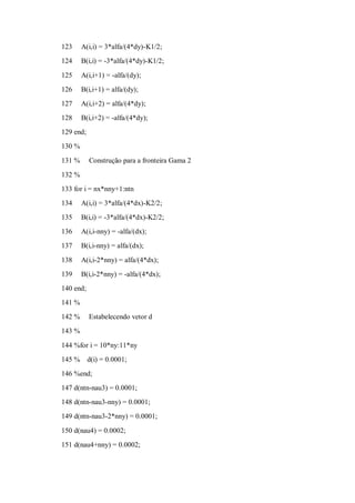 123     A(i,i) = 3*alfa/(4*dy)-K1/2;
124     B(i,i) = -3*alfa/(4*dy)-K1/2;

125     A(i,i+1) = -alfa/(dy);
126     B(i,i+1) = alfa/(dy);
127     A(i,i+2) = alfa/(4*dy);
128     B(i,i+2) = -alfa/(4*dy);
129 end;
130 %

131 %      Construção para a fronteira Gama 2
132 %
133 for i = nx*nny+1:ntn
134     A(i,i) = 3*alfa/(4*dx)-K2/2;
135     B(i,i) = -3*alfa/(4*dx)-K2/2;
136     A(i,i-nny) = -alfa/(dx);
137     B(i,i-nny) = alfa/(dx);

138     A(i,i-2*nny) = alfa/(4*dx);
139     B(i,i-2*nny) = -alfa/(4*dx);
140 end;
141 %
142 %      Estabelecendo vetor d
143 %

144 %for i = 10*ny:11*ny
145 %      d(i) = 0.0001;
146 %end;
147 d(ntn-nau3) = 0.0001;
148 d(ntn-nau3-nny) = 0.0001;
149 d(ntn-nau3-2*nny) = 0.0001;

150 d(nau4) = 0.0002;
151 d(nau4+nny) = 0.0002;
 