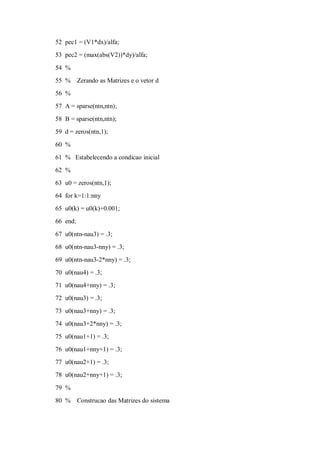 52 pec1 = (V1*dx)/alfa;
53 pec2 = (max(abs(V2))*dy)/alfa;

54 %
55 %      Zerando as Matrizes e o vetor d
56 %
57 A = sparse(ntn,ntn);
58 B = sparse(ntn,ntn);
59 d = zeros(ntn,1);

60 %
61 % Estabelecendo a condicao inicial
62 %
63 u0 = zeros(ntn,1);
64 for k=1:1:nny
65 u0(k) = u0(k)+0.001;
66 end;

67 u0(ntn-nau3) = .3;
68 u0(ntn-nau3-nny) = .3;
69 u0(ntn-nau3-2*nny) = .3;
70 u0(nau4) = .3;
71 u0(nau4+nny) = .3;
72 u0(nau3) = .3;

73 u0(nau3+nny) = .3;
74 u0(nau3+2*nny) = .3;
75 u0(nau1+1) = .3;
76 u0(nau1+nny+1) = .3;
77 u0(nau2+1) = .3;
78 u0(nau2+nny+1) = .3;

79 %
80 %      Construcao das Matrizes do sistema
 