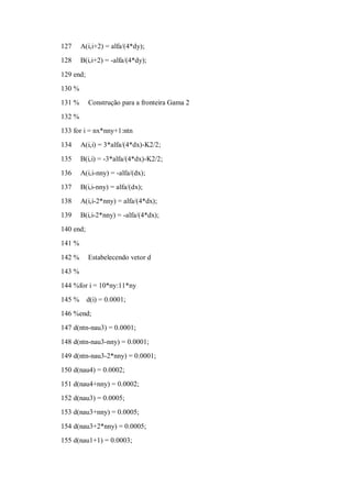 127     A(i,i+2) = alfa/(4*dy);
128     B(i,i+2) = -alfa/(4*dy);

129 end;
130 %
131 %      Construção para a fronteira Gama 2
132 %
133 for i = nx*nny+1:ntn
134     A(i,i) = 3*alfa/(4*dx)-K2/2;

135     B(i,i) = -3*alfa/(4*dx)-K2/2;
136     A(i,i-nny) = -alfa/(dx);
137     B(i,i-nny) = alfa/(dx);
138     A(i,i-2*nny) = alfa/(4*dx);
139     B(i,i-2*nny) = -alfa/(4*dx);
140 end;
141 %

142 %      Estabelecendo vetor d
143 %
144 %for i = 10*ny:11*ny
145 %      d(i) = 0.0001;
146 %end;
147 d(ntn-nau3) = 0.0001;

148 d(ntn-nau3-nny) = 0.0001;
149 d(ntn-nau3-2*nny) = 0.0001;
150 d(nau4) = 0.0002;
151 d(nau4+nny) = 0.0002;
152 d(nau3) = 0.0005;
153 d(nau3+nny) = 0.0005;

154 d(nau3+2*nny) = 0.0005;
155 d(nau1+1) = 0.0003;
 
