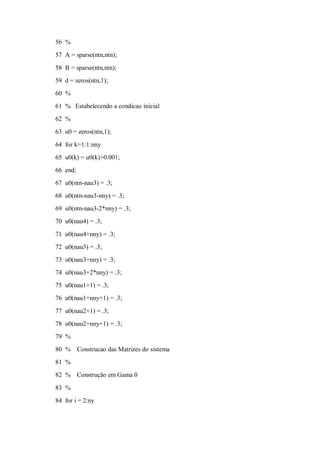 56 %
57 A = sparse(ntn,ntn);

58 B = sparse(ntn,ntn);
59 d = zeros(ntn,1);
60 %
61 % Estabelecendo a condicao inicial
62 %
63 u0 = zeros(ntn,1);

64 for k=1:1:nny
65 u0(k) = u0(k)+0.001;
66 end;
67 u0(ntn-nau3) = .3;
68 u0(ntn-nau3-nny) = .3;
69 u0(ntn-nau3-2*nny) = .3;
70 u0(nau4) = .3;

71 u0(nau4+nny) = .3;
72 u0(nau3) = .3;
73 u0(nau3+nny) = .3;
74 u0(nau3+2*nny) = .3;
75 u0(nau1+1) = .3;
76 u0(nau1+nny+1) = .3;

77 u0(nau2+1) = .3;
78 u0(nau2+nny+1) = .3;
79 %
80 %      Construcao das Matrizes do sistema
81 %
82 %      Construção em Gama 0

83 %
84 for i = 2:ny
 