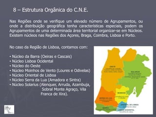 8 – Estrutura Orgânica do C.N.E.

Nas Regiões onde se verifique um elevado número de Agrupamentos, ou
onde a distribuição geográfica tenha características especiais, podem os
Agrupamentos de uma determinada área territorial organizar-se em Núcleos.
Existem núcleos nas Regiões dos Açores, Braga, Coimbra, Lisboa e Porto.


No caso da Região de Lisboa, contamos com:

•   Núcleo   da Barra (Oeiras e Cascais)
•   Núcleo   Lisboa Ocidental
•   Núcleo   do Oeste
•   Núcleo   Moinhos de Vento (Loures e Odivelas)
•   Núcleo   Oriental de Lisboa
•   Núcleo   Serra da Lua (Amadora e Sintra)
•   Núcleo   Solarius (Alenquer, Arruda, Azambuja,
                        Sobral Monte Agraço, Vila
                       Franca de Xira).
 