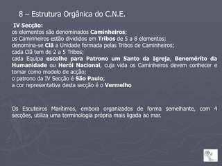 8 – Estrutura Orgânica do C.N.E.
 IV Secção:
os elementos são denominados Caminheiros;
os Caminheiros estão divididos em Tribos de 5 a 8 elementos;
denomina-se Clã a Unidade formada pelas Tribos de Caminheiros;
cada Clã tem de 2 a 5 Tribos;
cada Equipa escolhe para Patrono um Santo da Igreja, Benemérito da
Humanidade ou Herói Nacional, cuja vida os Caminheiros devem conhecer e
tomar como modelo de acção;
o patrono da IV Secção é São Paulo;
a cor representativa desta secção é o Vermelho



Os Escuteiros Marítimos, embora organizados de forma semelhante, com 4
secções, utiliza uma terminologia própria mais ligada ao mar.
 