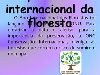 O que é o ano internacional da florestaO Ano Internacional das Florestas foi lançado oficialmente pela ONU. Para enfatizar a data e alertar para a importância da preservação, a ONG Conservação Internacional, divulga as florestas que correm o risco de sumirem do mapa.