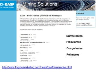 Surfactantes
Floculantes

Coagulantes
Polimeros

http://www.foryoumarketing.com/news/basf/mineracao.html

 