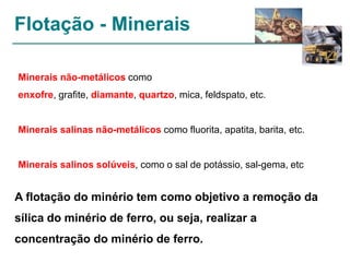 Flotação - Minerais
Minerais não-metálicos como

enxofre, grafite, diamante, quartzo, mica, feldspato, etc.

Minerais salinas não-metálicos como fluorita, apatita, barita, etc.

Minerais salinos solúveis, como o sal de potássio, sal-gema, etc

A flotação do minério tem como objetivo a remoção da
sílica do minério de ferro, ou seja, realizar a
concentração do minério de ferro.

 