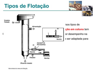 Tipos de Flotação
eletro-flotação

flotação por ar disperso
flotação por ar dissolvido
flotação por aspersão (nozzle)
flotação centrifuga
flotação rápida
flotação por cavitação

Dentre estes diversos tipos de

processos, a flotação em coluna tem
apresentado melhor desempenho na
mineração e pode ser adaptada para
outras aplicações.

 