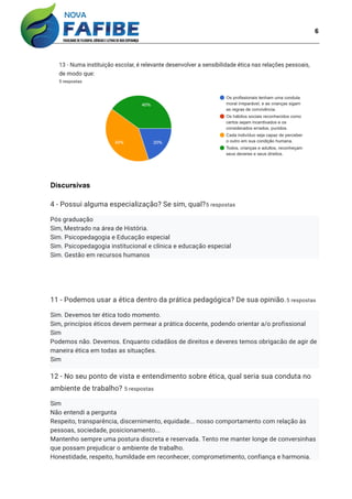 6
Discursivas
4 - Possui alguma especialização? Se sim, qual?5 respostas
Pós graduação
Sim, Mestrado na área de História.
Sim. Psicopedagogia e Educação especial
Sim. Psicopedagogia institucional e clínica e educação especial
Sim. Gestão em recursos humanos
11 - Podemos usar a ética dentro da prática pedagógica? De sua opinião.5 respostas
Sim. Devemos ter ética todo momento.
Sim, princípios éticos devem permear a prática docente, podendo orientar a/o profissional
Sim
Podemos não. Devemos. Enquanto cidadãos de direitos e deveres temos obrigacão de agir de
maneira ética em todas as situações.
Sim
12 - No seu ponto de vista e entendimento sobre ética, qual seria sua conduta no
ambiente de trabalho? 5 respostas
Sim
Não entendi a pergunta
Respeito, transparência, discernimento, equidade... nosso comportamento com relação às
pessoas, sociedade, posicionamento...
Mantenho sempre uma postura discreta e reservada. Tento me manter longe de conversinhas
que possam prejudicar o ambiente de trabalho.
Honestidade, respeito, humildade em reconhecer, comprometimento, confiança e harmonia.
 