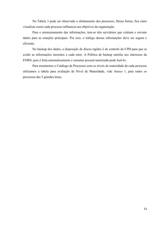 Na Tabela 3 pode ser observado o alinhamento dos processos. Dessa forma, fica claro
visualizar como cada processo influencia nos objetivos da organização.
        Para o armazenamento das informações, tem-se três servidores que coletam e enviam
dados para as estações principais. Por isso, o tráfego dessas informações deve ser segura e
eficiente.
        No backup dos dados, a disposição de discos rígidos é de controle do CPD para que se
avalie as informações inerentes a cada setor. A Política de backup satisfaz aos interesses da
ENRN, pois é feita automaticamente e somente pessoal autorizado pode fazê-lo.
        Para montarmos o Catálogo de Processos com os níveis de maturidade de cada processo
utilizamos a tabela para avaliação de Nível de Maturidade, vide Anexo 1, para todos os
processos das 5 grandes áreas.




                                                                                          13
 