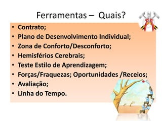 Ferramentas – Quais?
•   Contrato;
•   Plano de Desenvolvimento Individual;
•   Zona de Conforto/Desconforto;
•   Hemisférios Cerebrais;
•   Teste Estilo de Aprendizagem;
•   Forças/Fraquezas; Oportunidades /Receios;
•   Avaliação;
•   Linha do Tempo.
 