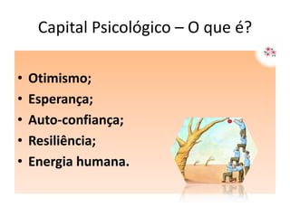 Capital Psicológico – O que é?

•   Otimismo;
•   Esperança;
•   Auto-confiança;
•   Resiliência;
•   Energia humana.
 