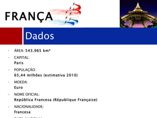 ÁREA:  543.965 km² CAPITAL:  Paris POPULAÇÃO:  65,44 milhões (estimativa 2010) MOEDA:   Euro NOME OFICIAL:  República Francesa (République Française) NACIONALIDADE:  francesa DATA NACIONAL:  14 de julho (Queda da Bastilha durante a Revolução Francesa ) Dados FRANÇA 