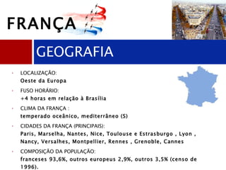 LOCALIZAÇÃO:  Oeste da Europa FUSO HORÁRIO:   +4 horas em relação à Brasília CLIMA DA FRANÇA :  temperado oceânico, mediterrâneo (S) CIDADES DA FRANÇA (PRINCIPAIS):  Paris, Marselha, Nantes, Nice, Toulouse e Estrasburgo , Lyon , Nancy, Versalhes, Montpellier, Rennes , Grenoble, Cannes COMPOSIÇÃO DA POPULAÇÃO:  franceses 93,6%, outros europeus 2,9%, outros 3,5% (censo de 1996). TERRITÓRIOS DA FRANÇA:  Guadalupe, Guiana Francesa, Ilhas Wallis e Futuna, Martinica, Mayotte, Nova Caledônia, Polinésia Francesa, Reunião, Saint Pierre e Miquelon. GEOGRAFIA FRANÇA 