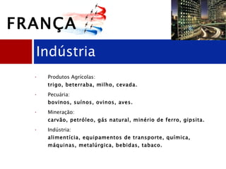 Produtos Agrícolas:  trigo, beterraba, milho, cevada. Pecuária:  bovinos, suínos, ovinos, aves. Mineração:  carvão, petróleo, gás natural, minério de ferro, gipsita. Indústria:  alimentícia, equipamentos de transporte, química, máquinas, metalúrgica, bebidas, tabaco. Indústria FRANÇA 