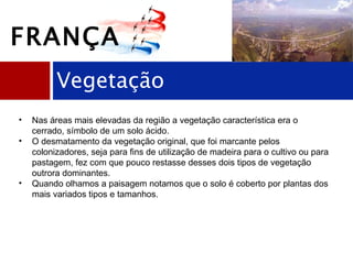 Vegetação FRANÇA Nas áreas mais elevadas da região a vegetação característica era o cerrado, símbolo de um solo ácido.  O desmatamento da vegetação original, que foi marcante pelos colonizadores, seja para fins de utilização de madeira para o cultivo ou para pastagem, fez com que pouco restasse desses dois tipos de vegetação outrora dominantes. Quando olhamos a paisagem notamos que o solo é coberto por plantas dos mais variados tipos e tamanhos. 