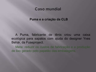 Puma e a criação da CLB



  A Puma, fabricante de tênis criou uma caixa
ecológica para sapatos com ajuda do designer Yves
Behár, da Fuseproject.
  Meta: reduzir os custos de fabricação e a produção
de lixo gerado pelo papelão das embalagens.
 