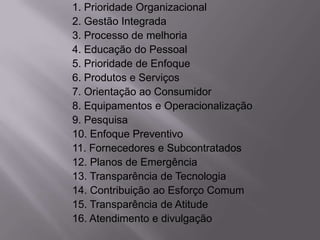 1. Prioridade Organizacional
2. Gestão Integrada
3. Processo de melhoria
4. Educação do Pessoal
5. Prioridade de Enfoque
6. Produtos e Serviços
7. Orientação ao Consumidor
8. Equipamentos e Operacionalização
9. Pesquisa
10. Enfoque Preventivo
11. Fornecedores e Subcontratados
12. Planos de Emergência
13. Transparência de Tecnologia
14. Contribuição ao Esforço Comum
15. Transparência de Atitude
16. Atendimento e divulgação
 