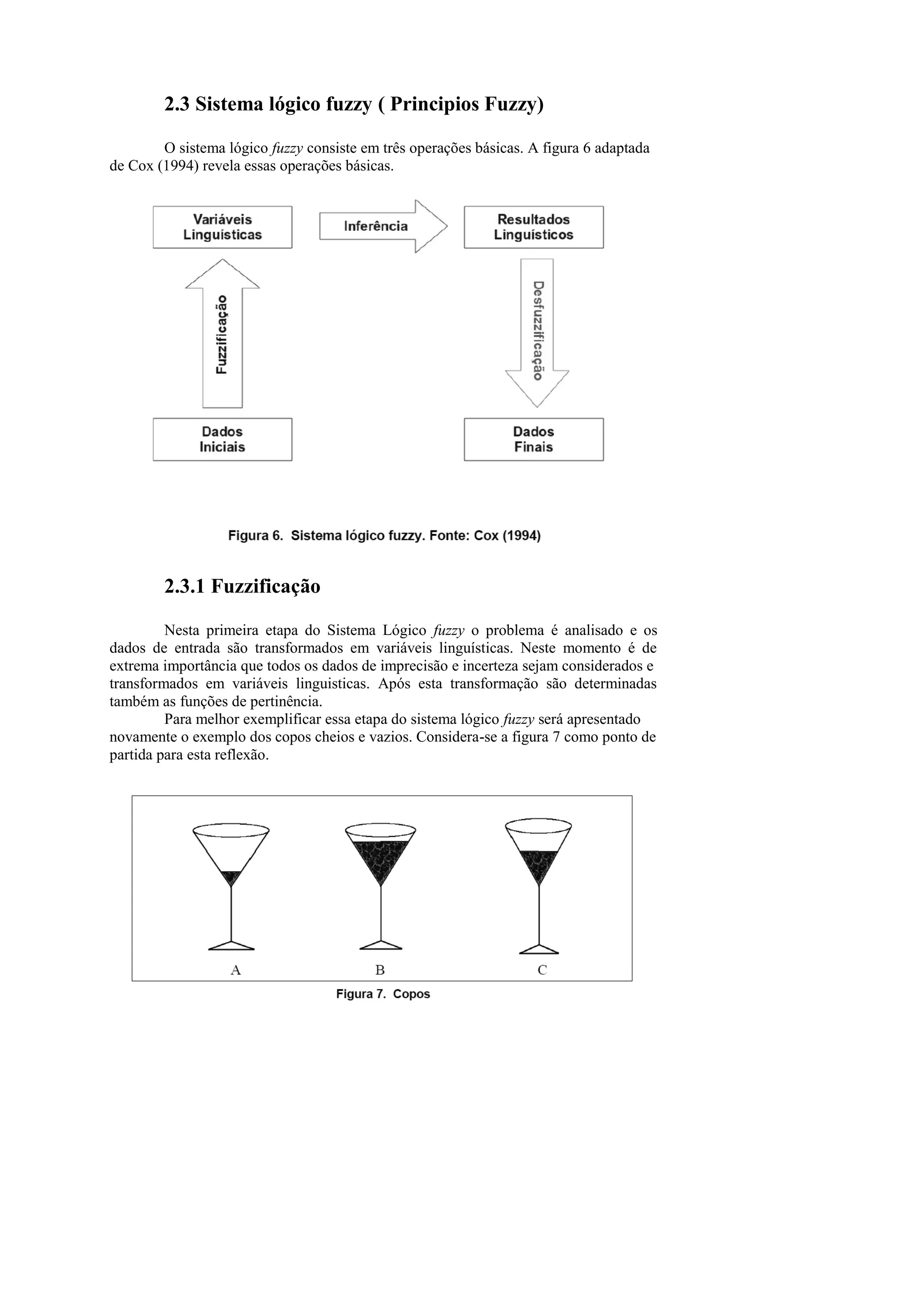2.3 Sistema lógico fuzzy ( Principios Fuzzy) 
O sistema lógico fuzzy consiste em três operações básicas. A figura 6 adaptada 
de Cox (1994) revela essas operações básicas. 
2.3.1 Fuzzificação 
Nesta primeira etapa do Sistema Lógico fuzzy o problema é analisado e os dados de entrada são transformados em variáveis linguísticas. Neste momento é de extrema importância que todos os dados de imprecisão e incerteza sejam considerados e 
transformados em variáveis linguisticas. Após esta transformação são determinadas também as funções de pertinência. 
Para melhor exemplificar essa etapa do sistema lógico fuzzy será apresentado 
novamente o exemplo dos copos cheios e vazios. Considera-se a figura 7 como ponto de 
partida para esta reflexão. 
 