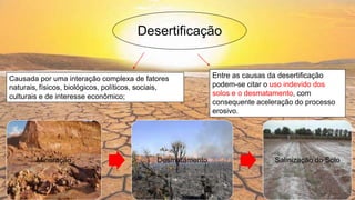 Desertificação
Causada por uma interação complexa de fatores
naturais, físicos, biológicos, políticos, sociais,
culturais e de interesse econômico;
Mineração Desmatamento Salinização do Solo
Entre as causas da desertificação
podem-se citar o uso indevido dos
solos e o desmatamento, com
consequente aceleração do processo
erosivo.
 