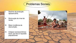 Problemas Sociais
I. Declínio da produção
agropecuária;
II. Diminuição do nível de
renda;
III. Maior incidência de
desnutrição;
IV. Colapso socioeconômico
local, que leva à repulsão
populacional.
Fonte: Blogspot92018)
 