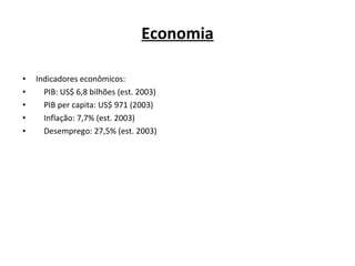 Economia Indicadores econômicos: PIB: US$ 6,8 bilhões (est. 2003) PIB per capita: US$ 971 (2003) Inflação: 7,7% (est. 2003) Desemprego: 27,5% (est. 2003) 