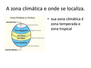 A zona climática e onde se localiza. sua zona climática é zona temperada e zona tropical 