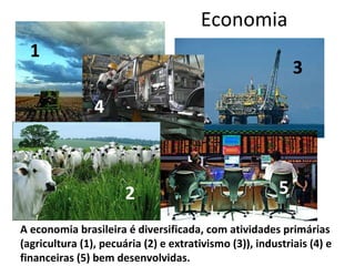 Economia A economia brasileira é diversificada, com atividades primárias (agricultura (1), pecuária (2) e extrativismo (3)), industriais (4) e financeiras (5) bem desenvolvidas. 1 2 3 4 5 