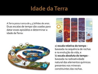 A Terra possui cerca de 4.5 bilhões de anos.
Duas escalas de tempo são usadas para
datar esses episódios e determinar a
idade da Terra:



                                               a) escala relativa do tempo -
                                               baseada na sequência de rochas
                                               e na evolução da vida; e
                                               b) escala absoluta do tempo -
                                               baseada na radioatividade
                                               natural dos elementos químicos
                                               presentes nos minerais
                                               constituintes das rochas.
 