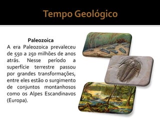 Paleozoica
A era Paleozoica prevaleceu
de 550 a 250 milhões de anos
atrás. Nesse período a
superfície terrestre passou
por grandes transformações,
entre eles estão o surgimento
de conjuntos montanhosos
como os Alpes Escandinavos
(Europa).
 