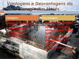 Vantagens e Desvantagens da
     Energia das Marés
Vantagens:            Desvantagens:

   Não é poluente;      Baixa capacidade;
   Não requer           Apenas funciona
                          onde a maré esteja
    material              forte;
    sofisticado.         O fornecimento de
                          energia não é
                          contínuo;
                         Baixo rendimento.
 