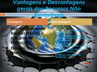 Vantagens e Desvantagens
      gerais dos Recursos Não
             Renováveis
Vantagens:              Desvantagens:
                            São finitos;
    São relativamente
                        

                           A sua renovação demora
    baratos devido á        imenso tempo;
                            São muito procurados e
    sua grande
                        
                            portanto corresse o risco de
                            se esgotarem;
    utilização;            O Mundo inteiro é
                            dependentes destes recursos;
   Elevado poder          Poluem imenso nas suas
                            transformações;
    energético.            Perigosos em caso de
                            acidente;
 