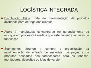 LOGÍSTICA INTEGRADA
 Distribuição física: trata da movimentação de produtos
acabados para entrega aos clientes.
 Apoio à manufatura: concentra-se no gerenciamento de
estoque em processo à medida que este flui entre as fases de
fabricação
 Suprimento: abrange a compra e organização da
movimentação de entrada de materiais, de peças e de
produtos acabados dos fornecedores para as fábricas,
montadores, depósitos ou lojas de varejo
 