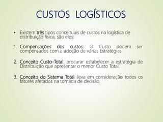 CUSTOS LOGÍSTICOS
• Existem três tipos conceituais de custos na logística de
distribuição física, são eles:
1. Compensações dos custos: O Custo podem ser
compensados com a adoção de várias Estratégias.
2. Conceito Custo-Total: procurar estabelecer a estratégia de
Distribuição que apresentar o menor Custo Total.
3. Conceito do Sistema Total: leva em consideração todos os
fatores afetados na tomada de decisão.
 