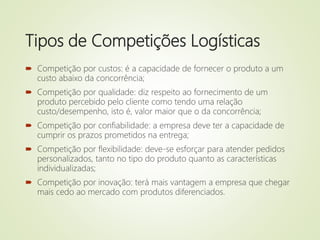 Tipos de Competições Logísticas
 Competição por custos: é a capacidade de fornecer o produto a um
custo abaixo da concorrência;
 Competição por qualidade: diz respeito ao fornecimento de um
produto percebido pelo cliente como tendo uma relação
custo/desempenho, isto é, valor maior que o da concorrência;
 Competição por confiabilidade: a empresa deve ter a capacidade de
cumprir os prazos prometidos na entrega;
 Competição por flexibilidade: deve-se esforçar para atender pedidos
personalizados, tanto no tipo do produto quanto as características
individualizadas;
 Competição por inovação: terá mais vantagem a empresa que chegar
mais cedo ao mercado com produtos diferenciados.
 