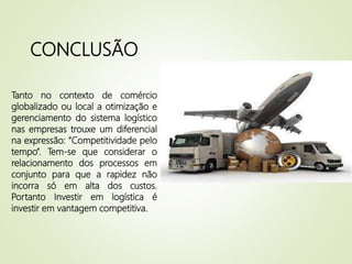 CONCLUSÃO
Tanto no contexto de comércio
globalizado ou local a otimização e
gerenciamento do sistema logístico
nas empresas trouxe um diferencial
na expressão: ”Competitividade pelo
tempo”. Tem-se que considerar o
relacionamento dos processos em
conjunto para que a rapidez não
incorra só em alta dos custos.
Portanto Investir em logística é
investir em vantagem competitiva.
 