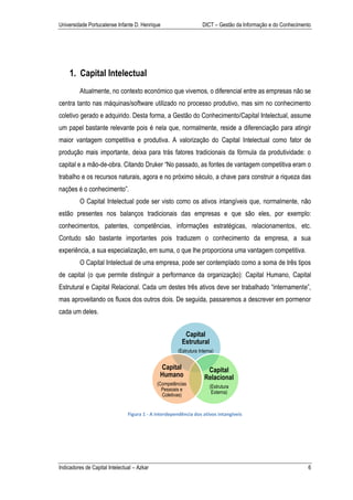 Universidade Portucalense Infante D. Henrique                      DICT – Gestão da Informação e do Conhecimento




    1. Capital Intelectual
         Atualmente, no contexto económico que vivemos, o diferencial entre as empresas não se
centra tanto nas máquinas/software utilizado no processo produtivo, mas sim no conhecimento
coletivo gerado e adquirido. Desta forma, a Gestão do Conhecimento/Capital Intelectual, assume
um papel bastante relevante pois é nela que, normalmente, reside a diferenciação para atingir
maior vantagem competitiva e produtiva. A valorização do Capital Intelectual como fator de
produção mais importante, deixa para trás fatores tradicionais da fórmula da produtividade: o
capital e a mão-de-obra. Citando Druker “No passado, as fontes de vantagem competitiva eram o
trabalho e os recursos naturais, agora e no próximo século, a chave para construir a riqueza das
nações é o conhecimento”.
         O Capital Intelectual pode ser visto como os ativos intangíveis que, normalmente, não
estão presentes nos balanços tradicionais das empresas e que são eles, por exemplo:
conhecimentos, patentes, competências, informações estratégicas, relacionamentos, etc.
Contudo são bastante importantes pois traduzem o conhecimento da empresa, a sua
experiência, a sua especialização, em suma, o que lhe proporciona uma vantagem competitiva.
         O Capital Intelectual de uma empresa, pode ser contemplado como a soma de três tipos
de capital (o que permite distinguir a performance da organização): Capital Humano, Capital
Estrutural e Capital Relacional. Cada um destes três ativos deve ser trabalhado “internamente”,
mas aproveitando os fluxos dos outros dois. De seguida, passaremos a descrever em pormenor
cada um deles.


                                                         Capital
                                                        Estrutural
                                                      (Estrutura Interna)


                                              Capital                Capital
                                              Humano                Relacional
                                             (Competências
                                                                      (Estrutura
                                               Pessoais e
                                                                       Externa)
                                               Coletivas)


                                Figura 1 - A interdependência dos ativos intangíveis




Indicadores de Capital Intelectual – Azkar                                                                    6
 