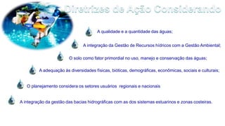 A adequação às diversidades físicas, bióticas, demográficas, econômicas, sociais e culturais;
A qualidade e a quantidade das águas;
A integração da Gestão de Recursos hídricos com a Gestão Ambiental;
O planejamento considera os setores usuários regionais e nacionais
O solo como fator primordial no uso, manejo e conservação das águas;
A integração da gestão das bacias hidrográficas com as dos sistemas estuarinos e zonas costeiras.
 