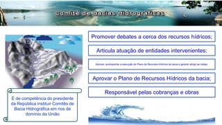 É de competência do presidente
da República instituir Comitês de
Bacia Hidrográfica em rios de
domínio da União
Promover debates a cerca dos recursos hídricos;
Articula atuação de entidades intervenientes;
Aprovar, acompanhar a execução do Plano de Recursos Hídricos da bacia e garantir atingir as metas;
Aprovar o Plano de Recursos Hídricos da bacia;
Responsável pelas cobranças e obras
 