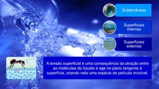 A tensão superficial é uma consequência da atração entre
as moléculas do líquido e age no plano tangente à
superfície, criando nela uma espécie de película invisível.
Subterrâneas
Superficiais
internas
Superficiais
externas
 