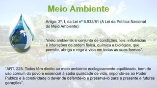 Artigo: 3º, I, da Lei nº 6.938/81 (A Lei da Política Nacional
do Meio Ambiente):
“meio ambiente, o conjunto de condições, leis, influências
e interações de ordem física, química e biológica, que
permite, abriga e rege a vida em todas as suas formas”.
“ART. 225. Todos têm direito ao meio ambiente ecologicamente equilibrado, bem de
uso comum do povo e essencial à sadia qualidade de vida, impondo-se ao Poder
Público e à coletividade o dever de defendê-lo e preservá-lo para a presente e futuras
gerações”.
 