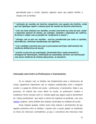 aprendizado para a escola. Vejamos algumas ações que podem facilitar a
relação com as famílias:
* realização de reuniões em horários compatíveis com aqueles das famílias, ainda
que isso signifique repetir a mesma pauta de reunião em horários alternativos;
* criar um clima amistoso nas reuniões; se estas ocorrerem nas salas de aula, mudar
a disposição espacial da mesma, por exemplo, mudando a disposição das cadeiras,
de forma a romper com as posições de “professores e alunos”;
* dialogar com os pais nas reuniões – ouvi-los considerando que todas as opiniões,
discordâncias, interesses manifestados são legítimos;
* criar condições concretas para que os pais possam participar efetivamente das
instâncias deliberativas da escola;
* auxiliar os pais em sua organização, fornecendo-lhes o apoio necessário à
divulgação de informações, mobilização da comunidade, facilitar sua interlocução
com outras instâncias do sistema educacional, se necessário.
Interação com/entre os Professores e Funcionários
Se as relações com as famílias são fundamentais para a democracia da
escola, igualmente importantes são as relações estabelecidas entre o dirigente
escolar e o grupo de efetivos da escola – professores e funcionários. Dado a sua
presença, na maioria das vezes diária na escola, os professores tendem a
estabelecer fortes vínculos entre si, criando aquilo que alguns autores denominam
de “cultura profissional”, que tanto se deriva da trajetória na profissão, com seus
habitus próprios, como também das relações construídas no cotidiano da escola.
Essas relações grupais, muitas vezes mais estáveis e permanentes do que
aquelas existentes entre as famílias, e destas com a escola, podem se manifestar
na forma de interesses contraditórios, já que a consciência dos interesses mais
10
 