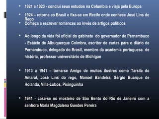  1921 a 1923 - conclui seus estudos na Columbia e viaja pela Europa
 1924 – retorna ao Brasil e fixa-se em Recife onde conhece José Lins do
Rego
 Começa a escrever romances ao invés de artigos políticos
 Ao longo da vida foi oficial do gabinete do governador de Pernambuco
- Estácio de Albuquerque Coimbra, escritor de cartas para o diário de
Pernambuco, delegado do Brasil, membro da academia portuguesa de
história, professor universitário de Michigan
 1913 a 1941 – torna-se Amigo de muitos ilustres como Tarsila do
Amaral, José Lins do rego, Manoel Bandeira, Sérgio Buarque de
Holanda, Villa-Lobos, Pixinguinha
 1941 - casa-se no mosteiro de São Bento do Rio de Janeiro com a
senhora Maria Magdalena Guedes Pereira
 