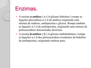 Enzimas.
 A enzima α-amilase ( α-1,4-glicano hidrolase ) rompe as
  ligações glicosídicas α-1,4 da amilose originando uma
  mistura de maltose, amilopectina e glicose. Rompe também
  as ligações α-1,4 da amilopectina, originando uma mistura de
  polissacarídeos denominadas dextrinas.
 A enzima β-amilase ( β-1,4-glicano maltohidralase ) rompe
  as ligações α-1,4 dos polissacarídeos resultantes da hidrólise
  da amilopectina, originando maltose pura.
 
